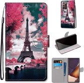 Voor Samsung Galaxy Note 20 Ultra Gekleurde Tekening Cross Textuur Horizontale Flip PU Lederen Case met Houder & Kaartsleuven & Portemonnee & Lanyard (Pink Flower Tower Bridge)