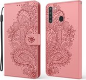 Voor Samsung Galaxy A21 (EU-versie) Pauw reliëfpatroon Horizontale flip lederen tas met houder & kaartsleuven & portemonnee & lanyard (roze)