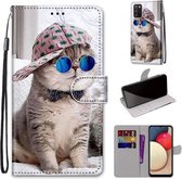 Voor Samsung Galaxy A02s / M02s Gekleurde tekening Cross Texture Horizontale Flip PU lederen tas met houder & kaartsleuven & portemonnee & lanyard (Slant Hat Blue Mirror Cat)