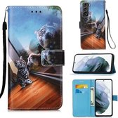 Voor Samsung Galaxy S21 + 5G Gekleurd Tekening Patroon Plain Weave Horizontale Flip Leren Case met Houder & Kaartsleuf & Portemonnee & Lanyard (Spiegel Kat)
