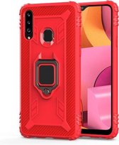 Voor Galaxy A20s koolstofvezel beschermhoes met 360 graden roterende ringhouder (rood)