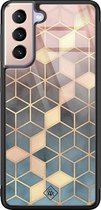 Samsung S21 hoesje glass - Cubes art | Samsung Galaxy S21  case | Hardcase backcover zwart