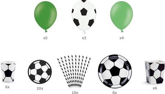 Voetbal party set met ballonnen, bekers, borden en rietjes.