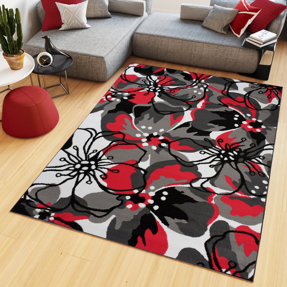 Tapiso Maya Vloerkleed Rood Grijs Woonkamer Gebloemd Tapijt Maat- 80x150