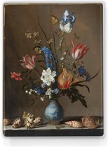 Bloemen in een Wan-Li vaas met schelpen - Balthasar van der Ast - 19,5 x 26 cm - Niet van echt te onderscheiden houten schilderijtje - Mooier dan een schilderij op canvas - Laquepr
