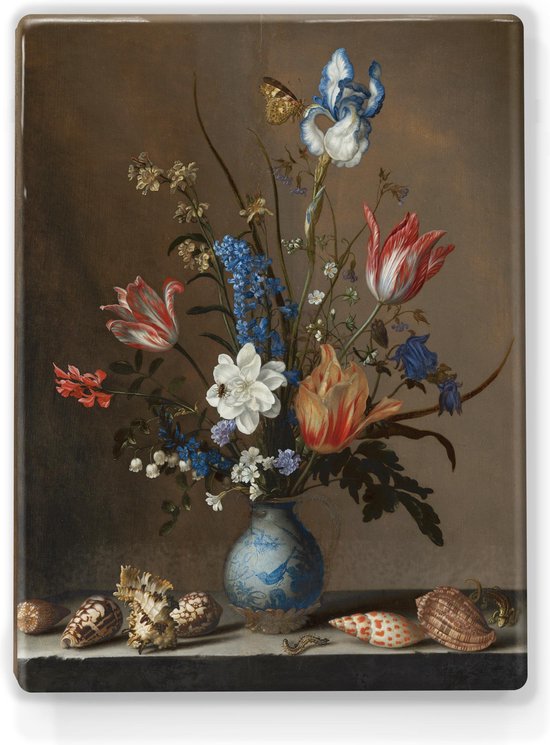 Schilderij - Bloemen in een Wan-Li vaas met schelpen - Balthasar van der Ast - 19,5 x 26 cm - Niet van echt te onderscheiden handgelakt schilderijtje op hout - Mooier dan een print op canvas.