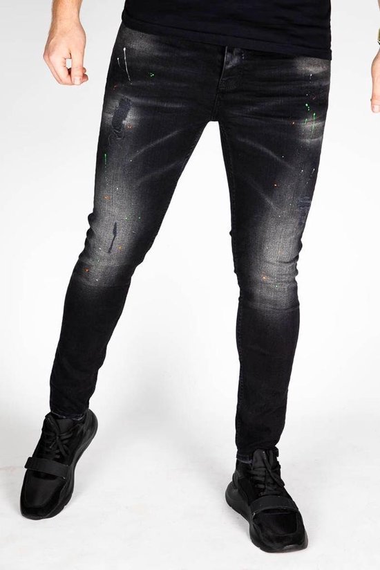 RYMN jeans slimfit zwart met groene en oranje verfspetters size 33 | bol.com