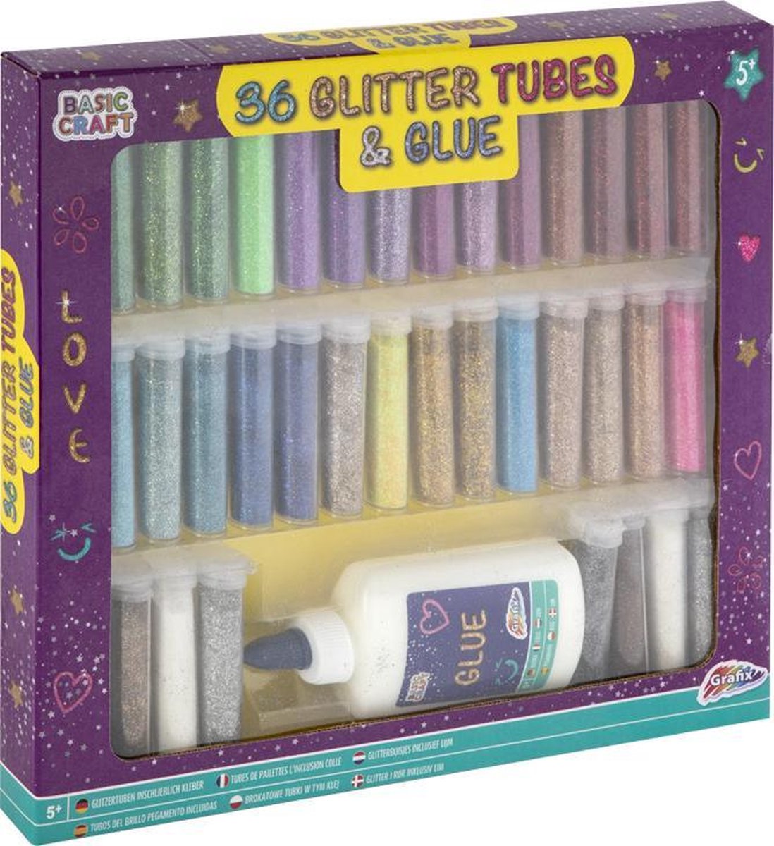 36 glitterbuisjes inclusief hobbylijm van Grafix - knutselen voor kinderen - glitters knutsel - strooi glitter