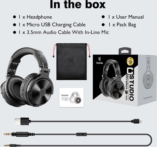 Inhoud van de doos: zwarte koptelefoon, micro USB kabel, 3.5mm audiokabel, opbergtasje en gebruikershandleiding.