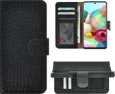 Hoesje Geschikt voor Samsung Galaxy A71 - 4G - Bookcase Hoesje - Samsung A71 Wallet Book Case Echt Leer Croco Zwart Cover