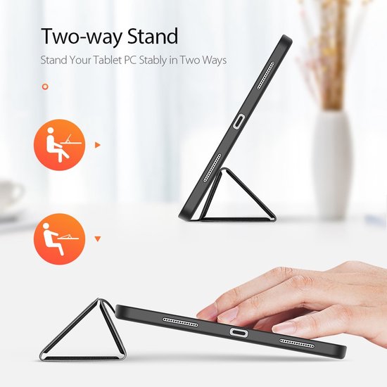 Zwarte iPad hoes toont twee manieren om de hoes als standaard te gebruiken.