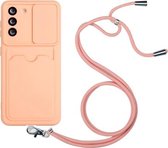 Voor Samsung Galaxy S21 5G Sliding Camera Cover Design TPU Beschermhoes met Card Slot & Neck Lanyard (roze)