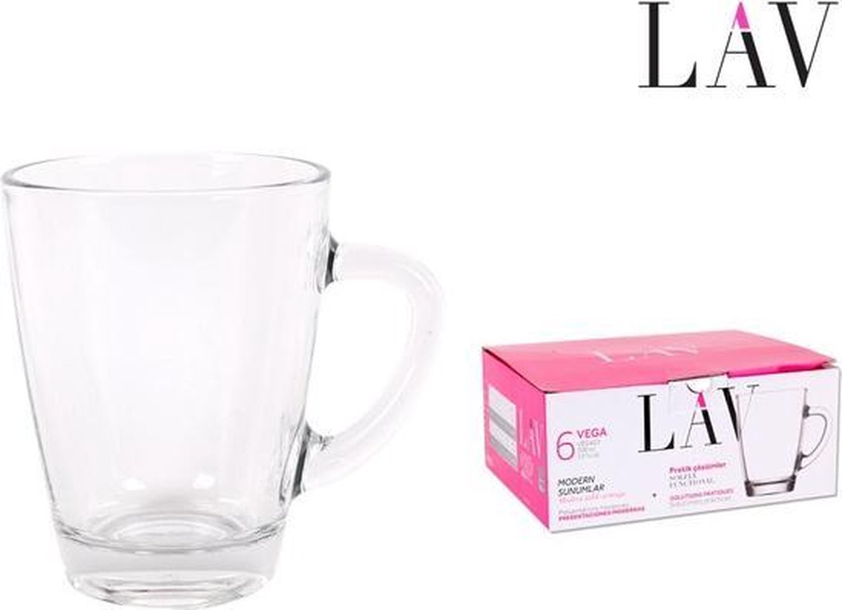 LAV set van 6 glazen koffie/theetassen met oor - 30cl