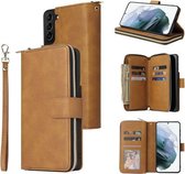 Voor Samsung Galaxy S21 + Rits Portemonnee Tas Horizontale Flip PU Lederen Case met Houder & 9 Kaartsleuven & Portemonnee & Lanyard & Fotolijst (Bruin)