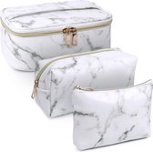 Lubellie® Driedelige Make up tas set Met -Toilettas - Make up organizer - Make up koffer - Kwasten tas - Beautycase - Make up tas - Sieraden tas - Marmer Wit