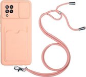 Voor Samsung Galaxy A42 5G Sliding Camera Cover Design TPU Beschermhoes met Card Slot & Neck Lanyard (roze)