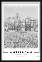 Poster Straatbeeld Amsterdam - A2 - 42 x 59,4 cm - Inclusief lijst (Zwart Aluminium)