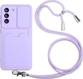 Voor Samsung Galaxy S21 5G Sliding Camera Cover Design TPU Beschermhoes met Card Slot & Neck Lanyard (paars)