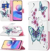 Voor Xiaomi Poco M3 Pro / Redmi Note 10 5G Gekleurd Tekenpatroon Horizontale Flip Lederen Case met Houder & Kaartsleuven & Portemonnee (Peach Blossom Butterfly)
