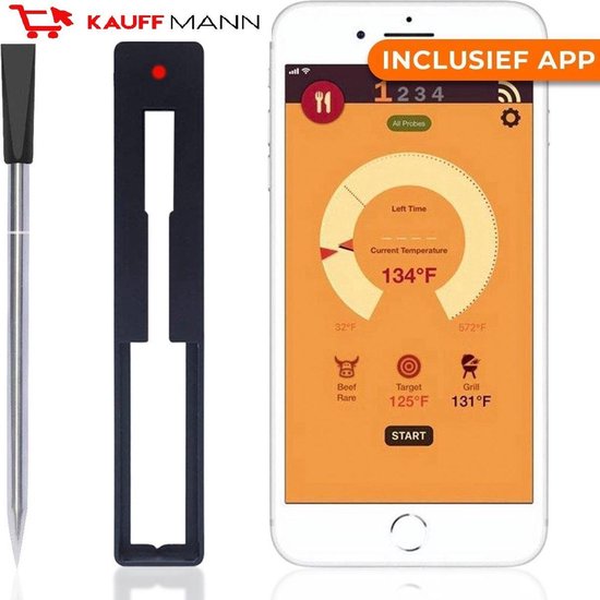 Kauffmann - Bluetooth Vlees Thermometer - 30 Meter - BBQ Accesoires - Keuken Thermometer - Vleesthermometer - Draadloos - Bluetooth - Barbecue - Met Gratis App - Geschikt Voor Oven - Grill - BBQ Temperatuur Meter - Digitaal - USB Oplaadbaar