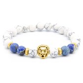 Victorious Natuurstenen Kralen Armband Heren – Gouden Leeuw – Wit/Blauw – 21cm