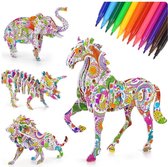 BOTC 3D kleurpuzzelset voor kinderen  - 4 Dieren puzzels  met 12 pen Markers - RECYCLEREN - doe-het-zelf kunst en handwerk