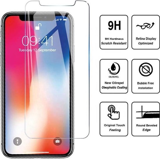 Transparante screenprotector op een iPhone met een vergrendelingsscherm. Iconen tonen '9H Hardness', 'Retina Display Optimized', 'Oil Repel', 'Bubble Free Installation', 'Original Touch Feeling', 'Round Beveled Edge'.