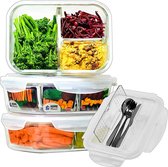 3 Compartimenten 1050ml Glazen Voedselopslagcontainers met bestek (3 stuks) | 97% minder plastic verpakkingen | BPA-vrije deksels | Diepvries, Oven, Magnetron | Meal Prep, Lunch, B