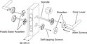 Exploded view van de montage van een deurklink met vierkante rozet.