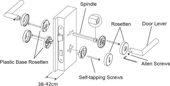 Exploded view van de montage van een deurklink met vierkante rozet.