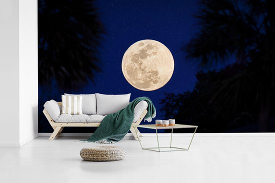 Papier peint photo vinyle - Une pleine lune dans un ciel nocturne bleu avec des étoiles largeur 465 cm x hauteur 260 cm - Tirage photo sur papier peint (disponible en 7 tailles)