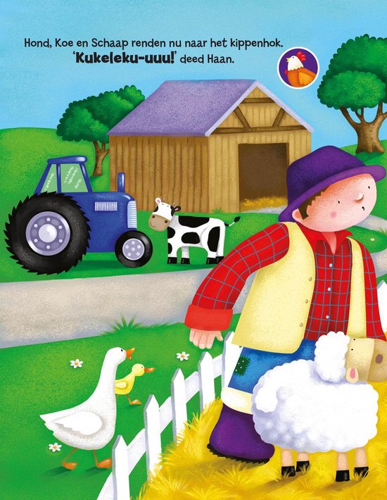 Een boer in een geel vest en paarse laarzen loopt met een schaap naar een kippenhok, naast een blauwe tractor en een boerderij.