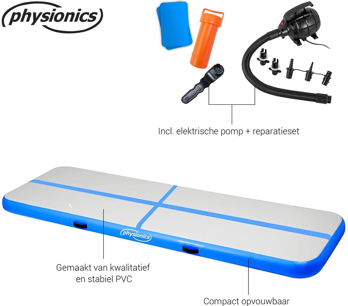 Physionics® Air Mat Opblaasbare trainingsmat, met elektrische luchtpomp, turnmat, gymnastiekmat, tuimelmat, fitnessmat, yogamat, verschillende kleuren, 3/4/5/6/7/8 m, blauw