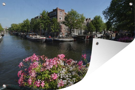 Affiche de jardin de maisons de canal d'Amsterdam avec des fleurs 60x40 cm - petit - Toile de jardin / Toile d'extérieur / Peintures pour l'extérieur (décoration de jardin)