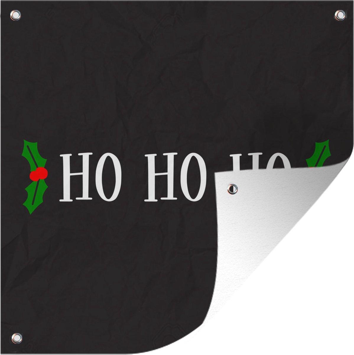 Kerst quote "Ho ho ho" in witte letters op zwarte achtergrond - 50x50 cm - Tuindoek met kerstsfeer.