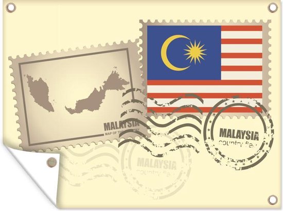 Tuin decoratie De postzegels met daarop de kaart van Maleisië en de Maleisische vlag - 40x30 cm - Tuindoek - Buitenposter