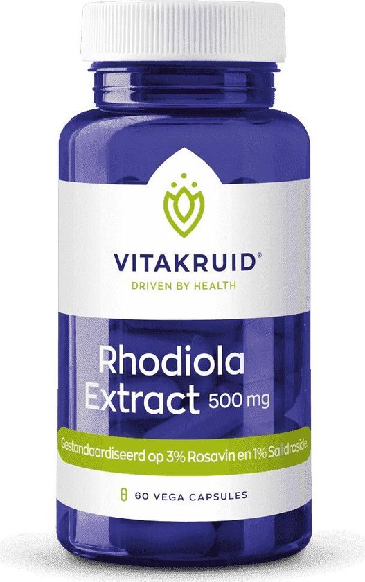 Blauwe pot met witte dop. Etiket met 'Rhodiola Extract 500 mg' en '60 VEGA CAPSULES'.
