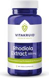 Blauwe pot met witte dop. Etiket met 'Rhodiola Extract 500 mg' en '60 VEGA CAPSULES'.