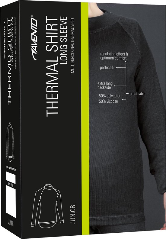 Verpakking van een zwart kinder thermoshirt met lange mouwen, met details over materiaal en pasvorm.
