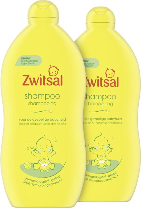 Twee gele flessen Zwitsal shampoo voor de gevoelige babyhuid.