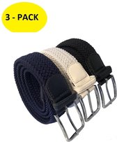THL Design 3 - Pack - Elastiek Riemen - Elastische riem - Gevlochten - Stretch - Dames / Heren - Zwart, Donkerblauw en Wit - Lengte Totaal 125 cm