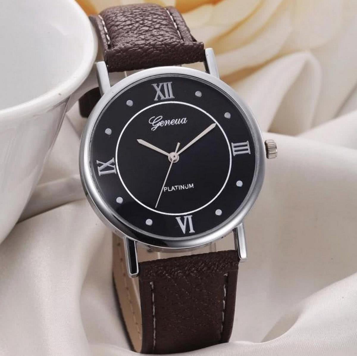 Hidzo Horloge Geneve Platinum ø 37 mm - Bruin - Kunstleer