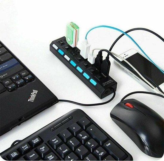 USB 3.0 hub actief 8 poorten, USB verdeleradapter met voeding 5V 3A, snellader datahub met AAN/UIT en LED-displays voor MacBook Air/Pro, Dell, Microsoft, Windows laptop PC