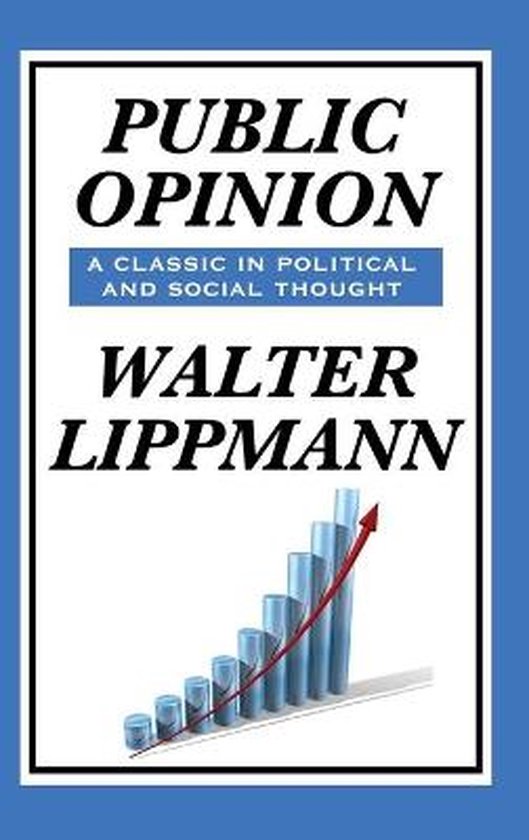 Boek kaft van 'Public Opinion' door Walter Lippmann met een grafiek van oplopende staafjes en een rode pijl.