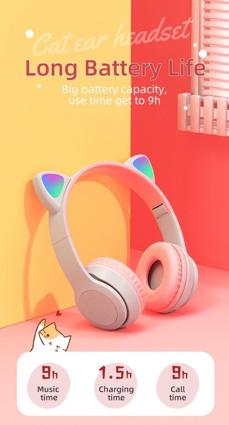 Kinder Hoofdtelefoon-Draadloze Koptelefoon-Kinder Headset-On Ear-Bluetooth-Microfoon-Katten Oorjtes-Led Verlichting-Paars - Merkloos
