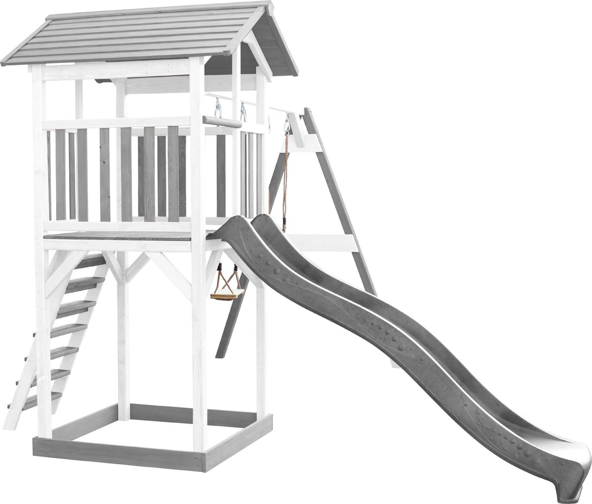 AXI Beach Tower Speeltoestel in Grijs/Wit - Speeltoren met Zandbak, Dubbele Schommel en Grijze Glijbaan - FSC hout - Speelhuis op palen voor de tuin — afbeelding 19