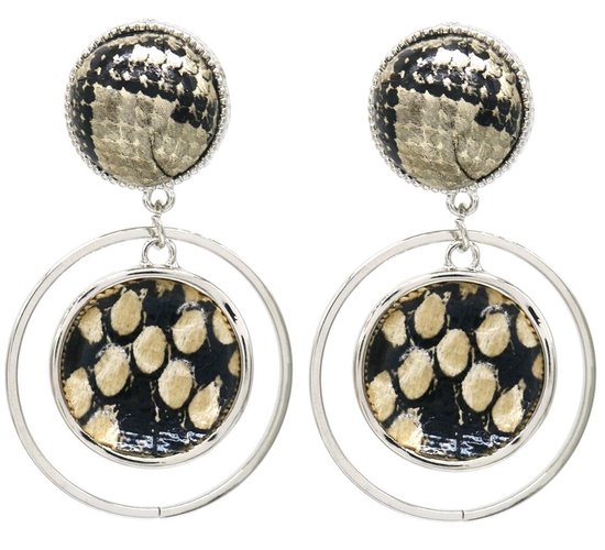 Dielay - Boucles d'oreilles pendantes rondes - Boucles d' Boucles d'oreilles avec imprimé serpent - 5x3 cm - Marron et argent