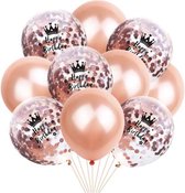 Happy Birthday rosé ballonnen set | Happy Birthday kroon | 5 rosé Happy Birthday ballonnen en 5 rosé ballonnen | Verjaardagsfeest | Feest | Gelukkige verjaardag