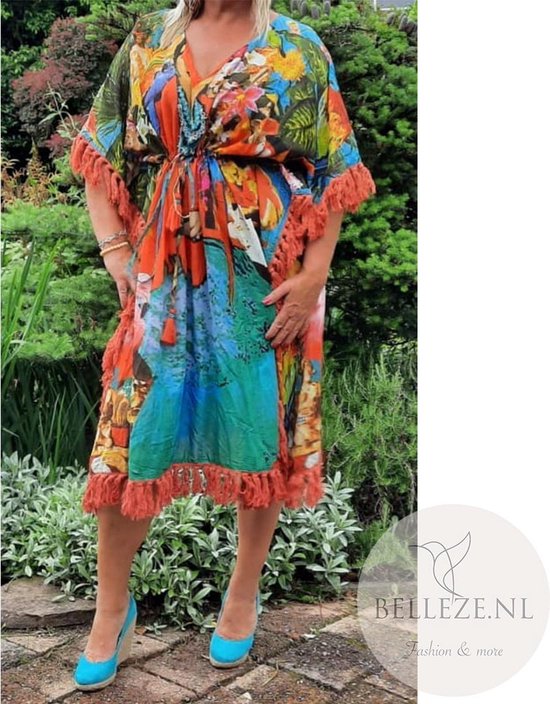 Politiek kruipen condoom Gipsy Queen - Boho dress- One size - Ibiza Style - Jungle Print met Rode  Franjes -... | bol.com