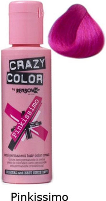 Roze flesje Crazy Color haarkleurcrème 'Pinkissimo' met een felroze kleurstaal.